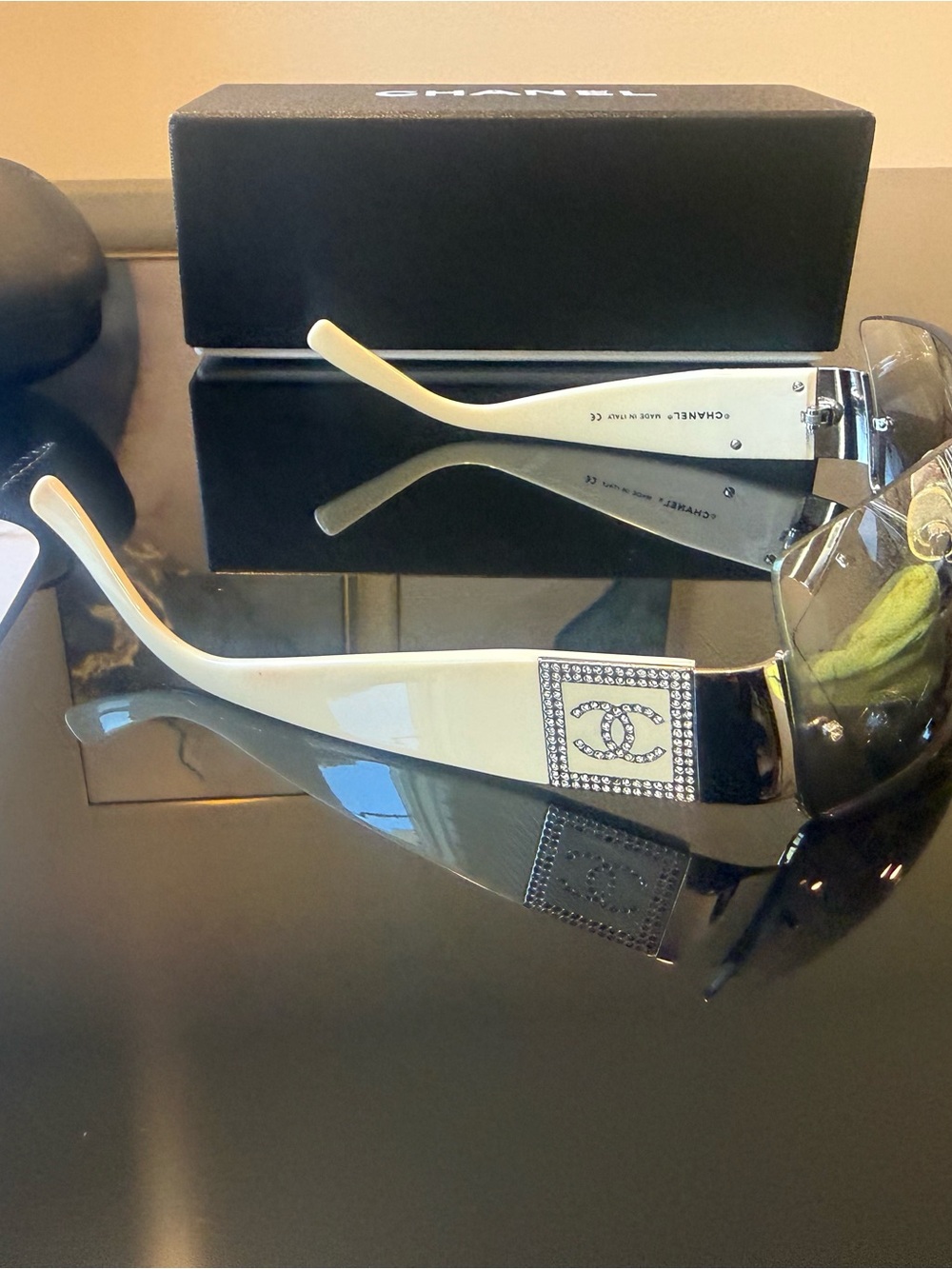 CHANEL Cream and Black Crystal CC Plaque Sunglasses 100% Authentic